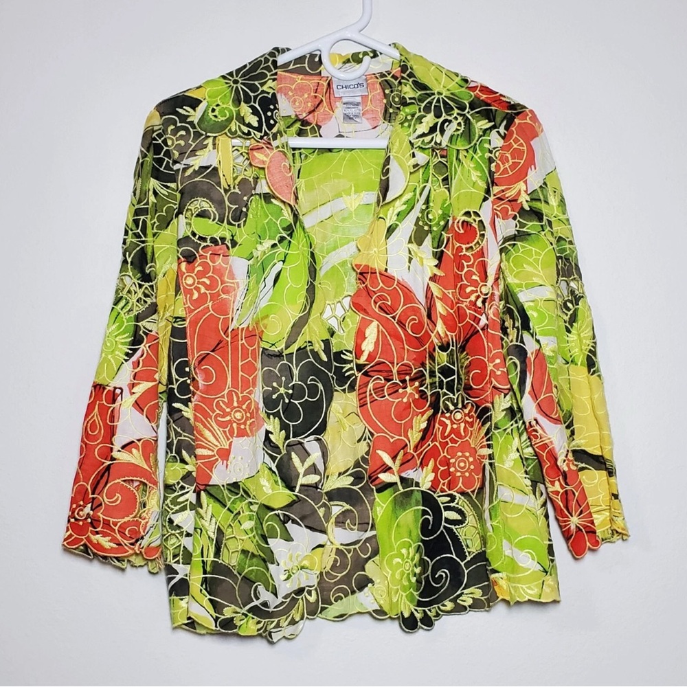 Chico's Floral Embroidered Multicolor Linen Blend  Blazer Large size 2